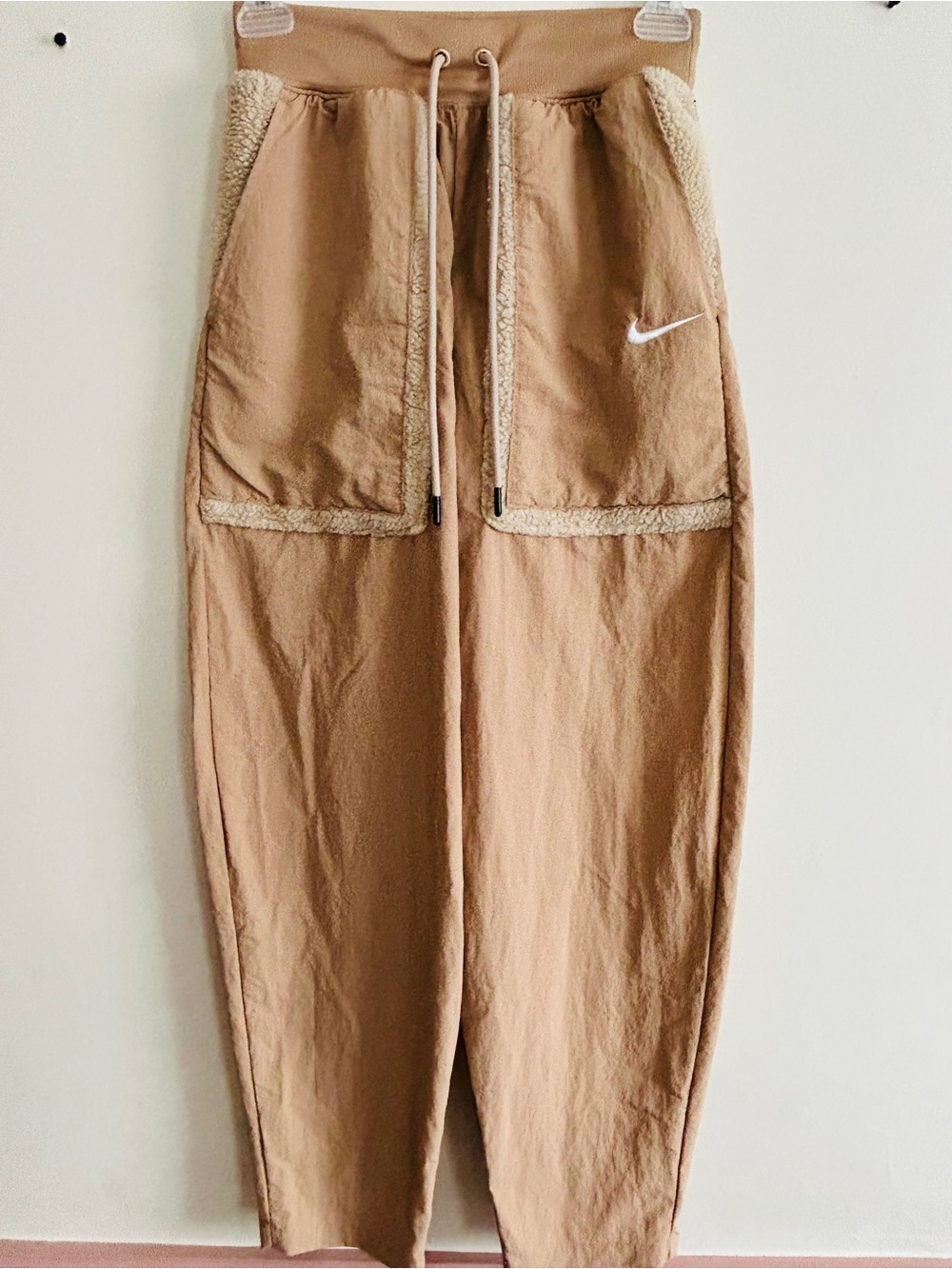 Nike Women’s High Rise Loose Fit Sherpa Teddy Trim Tan Pants